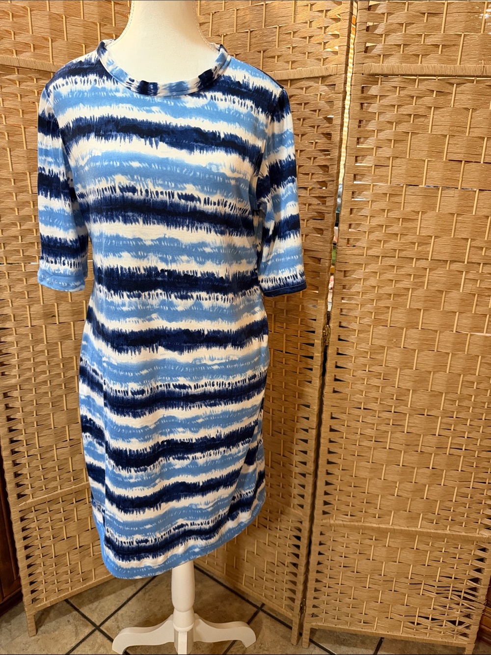 Hand Crafted Blue & White Striped Tie-Dye Midi Dress